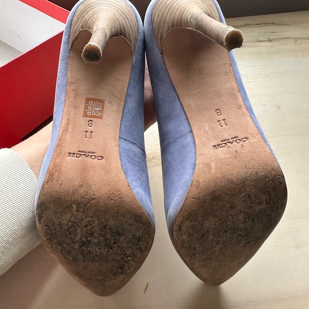 Coach purple suede pumps with wood heel